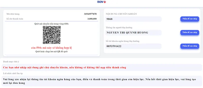 Bạn chuyển khoản theo thông tin mà nhà cái SIU88 cung cấp